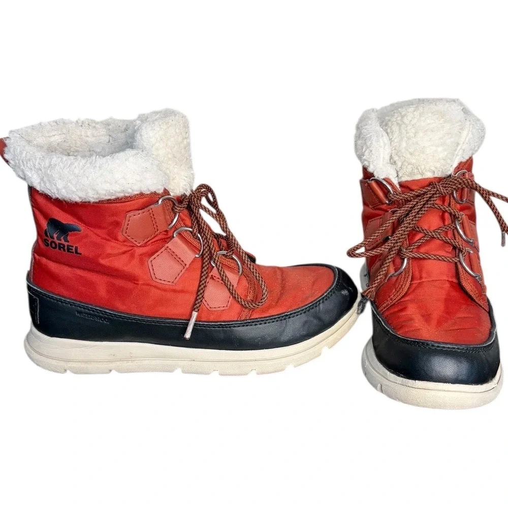 Sorel Explorer Joan Waterproof Winter Boots Red‎ Black NL3040-808 Womens Size 7